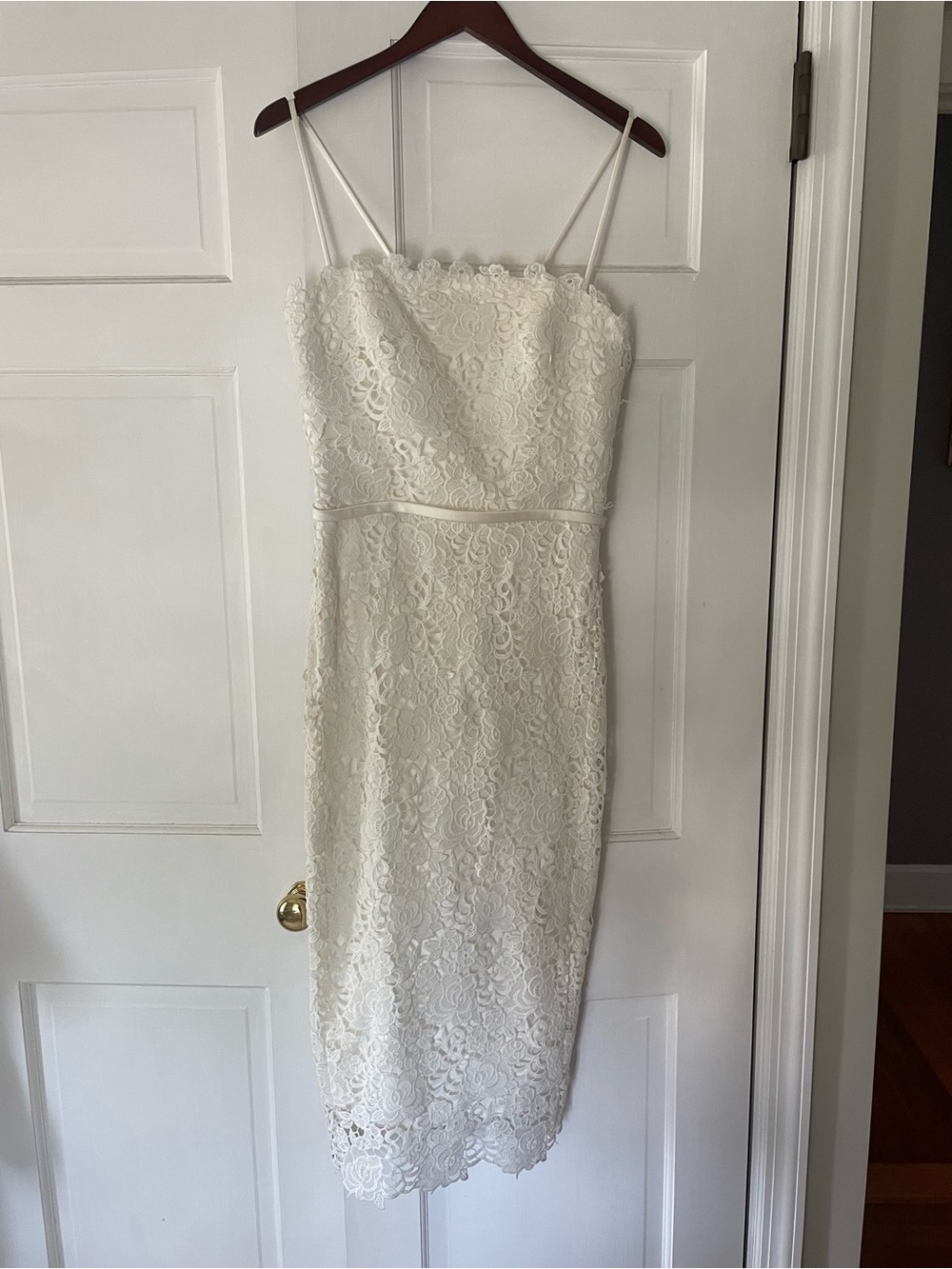 Amsale Ivory Lace Midi Dress with Spaghetti Straps